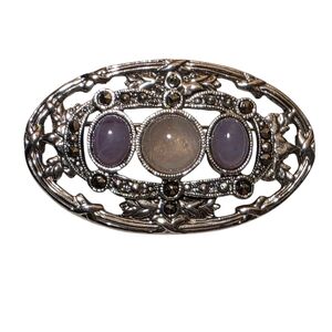 Vintage Marcasite Brooch With Cream And Lavender Faux Opal Moonstones EUC